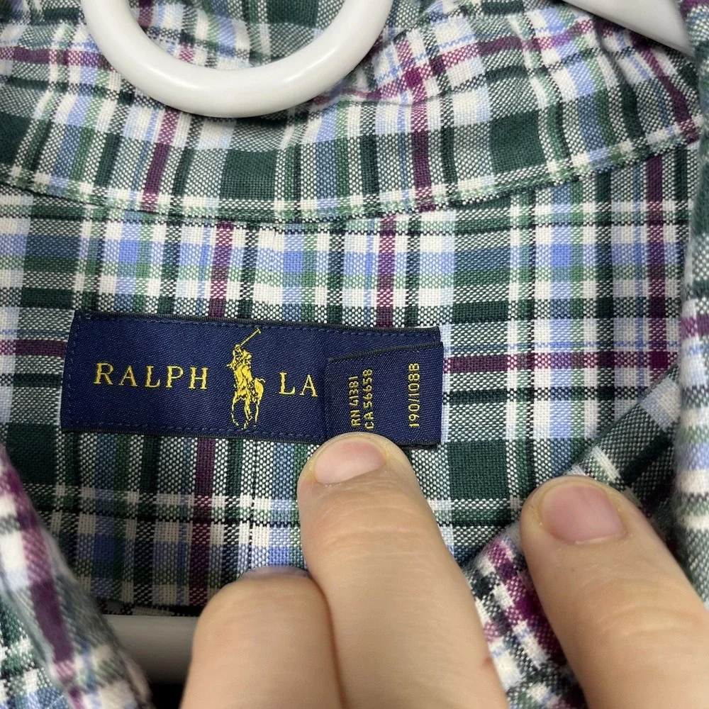Polo Ralph Lauren Oxford Shirt Mens 3XLT Green Blue Plaid Flesh pony Long Sleeve